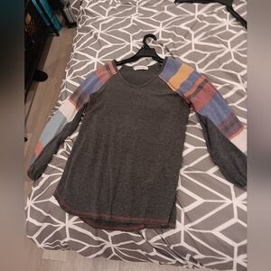 Lime & Chili Gray Top with Striped Sleeves